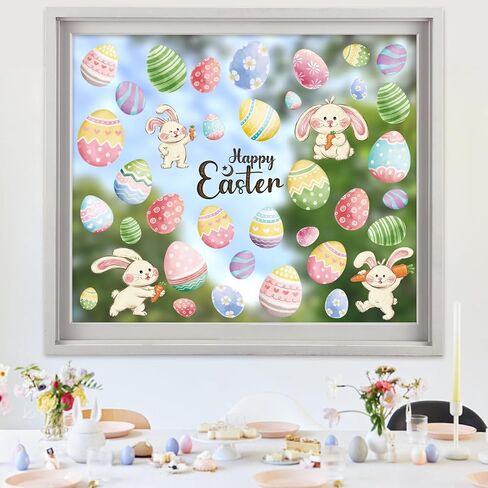 6 Sheets Happy Easter Window Clings, Double-Sided Reusable Oil Painting Bunny Eggs Window Decals for Glass, Mirror, Party Home Decor (Easter) in Kuwait