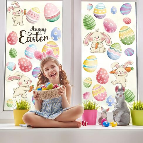 6 Sheets Happy Easter Window Clings, Double-Sided Reusable Oil Painting Bunny Eggs Window Decals for Glass, Mirror, Party Home Decor (Easter) in Kuwait