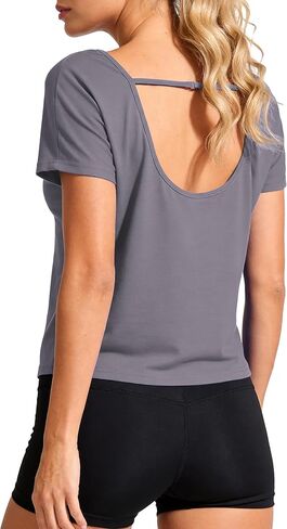 Totatuit إمرأة مفتوح الظهر تجريب قبعة علوية قصيرة الأكمام القطن اقتصاص فضفاض اليوغا قمصان رياضية عادية المحاصيل تي شيرت in Kuwait