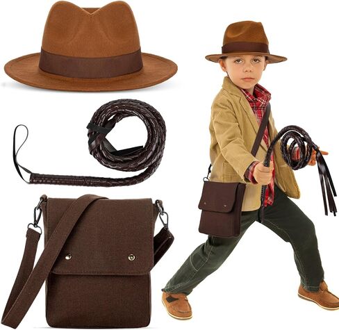 Mepase 3 Pcs Halloween Costume Include Canvas Bag, Brown Felt Hat, Faux Leather Whip for Boy Girl Halloween Cosplay Accessory in Saudi Arabia