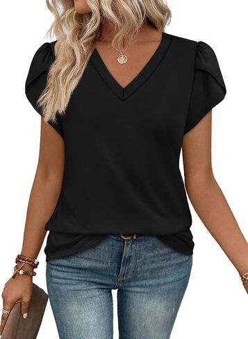 WIHOLL Womens Tops V Neck Summer Petal Sleeve Casual Tshirts in Kuwait