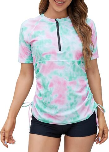 بدلة سباحة نسائية من Halcurt بأكمام قصيرة بنصف سحاب وغطاء للحماية من الطفح الجلدي، قميص سباحة مكشكش UPF50+ بدلة استحمام سريعة الجفاف in Kuwait