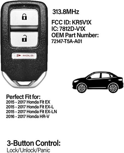 2 Keylessbest بديل لـ 2015 2016 2017 Honda Fit EX EX-L EX-LN HR-V مفتاح فوب التحكم عن بعد KR5V1X 3 أزرار 313.8 ميجا هرتز in Kuwait