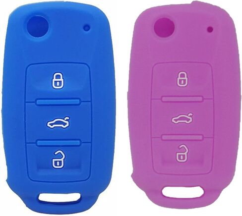 قطعتان من غطاء غطاء مفتاح السيارة من مطاط السيليكون الناعم لسيارة VW Volkswagen Jetta GTI Passat Golf Tiguan Touareg Beetle CC Eos Key Fob، أزرق وردي in Kuwait