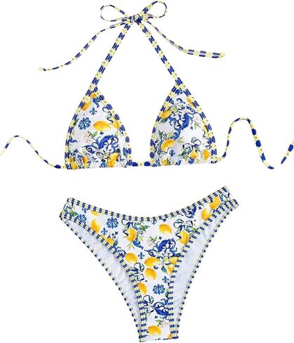 SweatyRocks Women's 2 Piece Bikini Set Boho Lemon Tribal Print Halter Triangle Swimsuits in Saudi Arabia