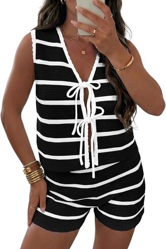 Fisoew Womens Striped Swimsuit Coverup Sets Sleeveless Bow Tie Tank Tops Knit Shorts Sets Loose Summer Beach Vacation Outfit in Saudi Arabia