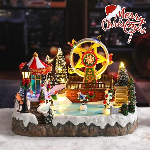 Wonder Solar Christmas Village Houses - Musical Christmas Village Building Santa's Gift Shop with Moving Santa Claus Battery Operate Christmas Village Figurines with LED Lights for Christmas Decor in Saudi Arabia