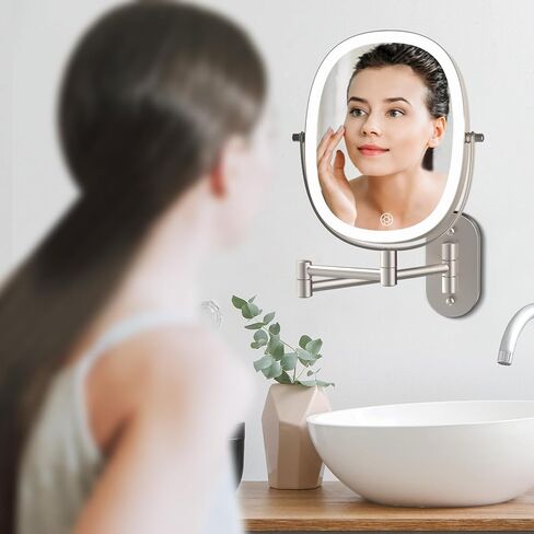 FUNTOUCH Rechargeable Wall Mounted Lighted Makeup Mirror, Oval Double-Sided Mirror 1X/10X Magnifying Mirror,3 Color Lights Touch Screen Dimmable 360°Swivel 13 Inch Extendable,Nickel in Kuwait