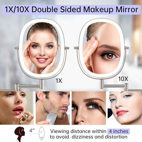 FUNTOUCH Rechargeable Wall Mounted Lighted Makeup Mirror, Oval Double-Sided Mirror 1X/10X Magnifying Mirror,3 Color Lights Touch Screen Dimmable 360°Swivel 13 Inch Extendable,Nickel in Kuwait