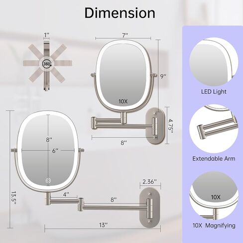 FUNTOUCH Rechargeable Wall Mounted Lighted Makeup Mirror, Oval Double-Sided Mirror 1X/10X Magnifying Mirror,3 Color Lights Touch Screen Dimmable 360°Swivel 13 Inch Extendable,Nickel in Kuwait