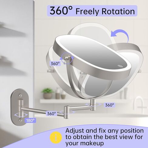 FUNTOUCH Rechargeable Wall Mounted Lighted Makeup Mirror, Oval Double-Sided Mirror 1X/10X Magnifying Mirror,3 Color Lights Touch Screen Dimmable 360°Swivel 13 Inch Extendable,Nickel in Kuwait