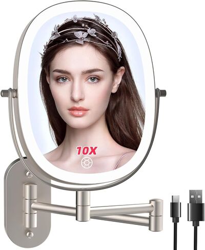 FUNTOUCH Rechargeable Wall Mounted Lighted Makeup Mirror, Oval Double-Sided Mirror 1X/10X Magnifying Mirror,3 Color Lights Touch Screen Dimmable 360°Swivel 13 Inch Extendable,Nickel in Kuwait