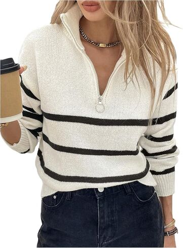 Milumia Women's Striped Half Zip Pullover Sweater Mock Neck Long Sleeve Ribbed Knit Pullover Tops in Saudi Arabia