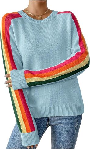 GORGLITTER Women's Striped Sweater Rainbow Fall Cozy Fashion Color Block Long Sleeve Crewneck Colorful Pullover Tops in Saudi Arabia