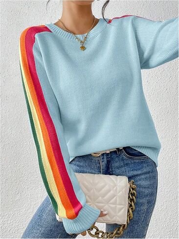 GORGLITTER Women's Striped Sweater Rainbow Fall Cozy Fashion Color Block Long Sleeve Crewneck Colorful Pullover Tops in Saudi Arabia