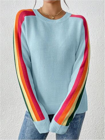 GORGLITTER Women's Striped Sweater Rainbow Fall Cozy Fashion Color Block Long Sleeve Crewneck Colorful Pullover Tops in Saudi Arabia