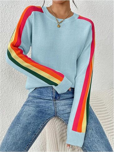 GORGLITTER Women's Striped Sweater Rainbow Fall Cozy Fashion Color Block Long Sleeve Crewneck Colorful Pullover Tops in Saudi Arabia