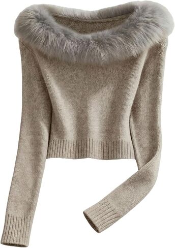 Women's Faux Fur Knit Sweater Long Sleeve Pullover Sweaters Slim Fit Fall Tops in Saudi Arabia