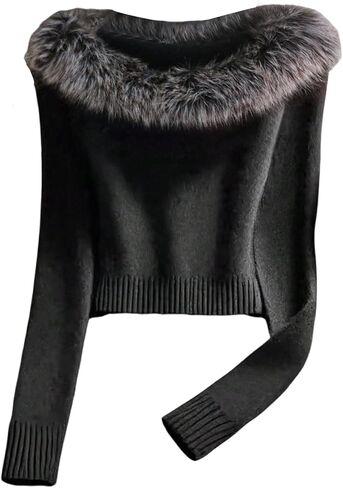 Women's Faux Fur Knit Sweater Long Sleeve Pullover Sweaters Slim Fit Fall Tops in Saudi Arabia