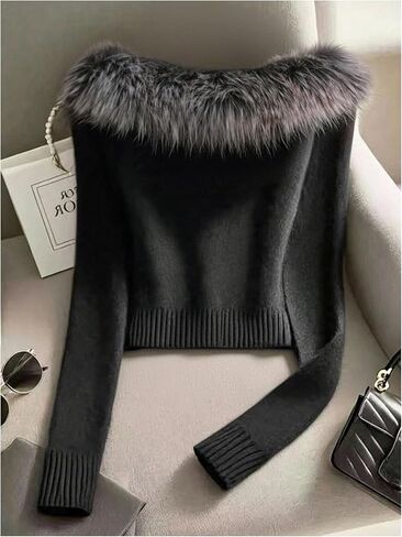 Women's Faux Fur Knit Sweater Long Sleeve Pullover Sweaters Slim Fit Fall Tops in Saudi Arabia