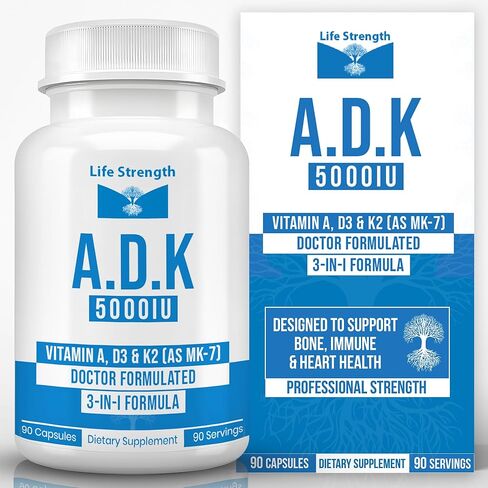 ADK 90 CT فيتامينات مصاغة بواسطة الأطباء A1 وD3 وK2 (مثل MK7) تدعم العظام والقلب والجهاز المناعي، خالية من الغلوتين، خالية من الصويا، غير معدلة وراثيًا (90 قطعة من 1) in Kuwait