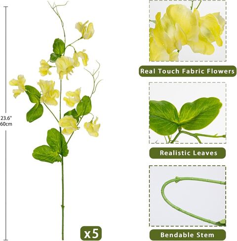 Briful Yellow Artificial Flowers Bouquet, Spring Summer Flower Sprays with Green Leaves Realistic 23.6'' Long Stem Faux Sweet Pea for Home Decor Indoor Vase Farmhouse Wedding, Set of 5 in Saudi Arabia