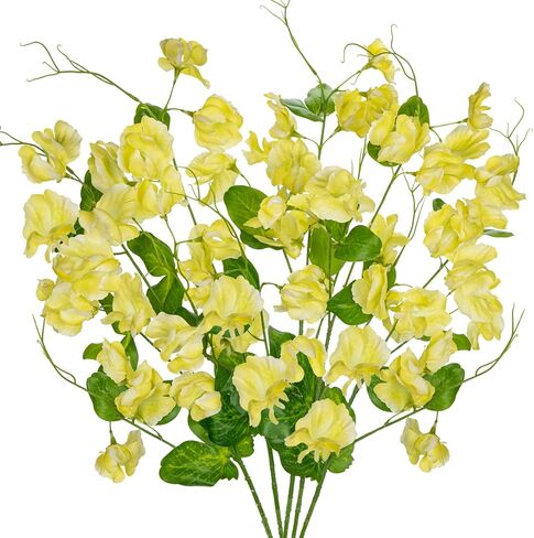Briful Yellow Artificial Flowers Bouquet, Spring Summer Flower Sprays with Green Leaves Realistic 23.6'' Long Stem Faux Sweet Pea for Home Decor Indoor Vase Farmhouse Wedding, Set of 5 in Saudi Arabia