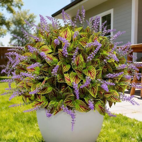 12 Bundles Artificial Flowers for Outdoor Coleus Rainbow with Purple Flowers Realistic Silk UV Resistant Fake Plants for Window Garden Patio Pathway Front Porch (Purple) in Kuwait