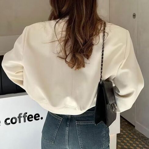 Women's Cropped Bomber Jacket, Button-Front Faux Leather Top with Ribbed Trim & Chest Pockets, Casual Outerwear in Saudi Arabia