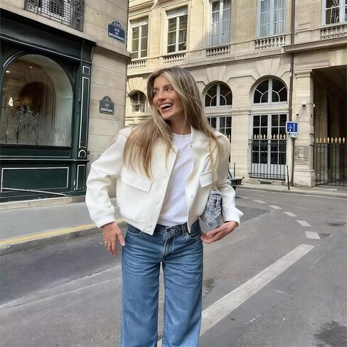 Women's Cropped Bomber Jacket, Button-Front Faux Leather Top with Ribbed Trim & Chest Pockets, Casual Outerwear in Saudi Arabia