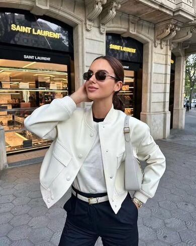 Women's Cropped Bomber Jacket, Button-Front Faux Leather Top with Ribbed Trim & Chest Pockets, Casual Outerwear in Saudi Arabia