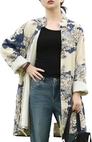 LZJN intage Floral Coat Cotton Linen Blend Stand Collar Casual Button Down for Spring Fall Loose Fit with Pockets in Kuwait