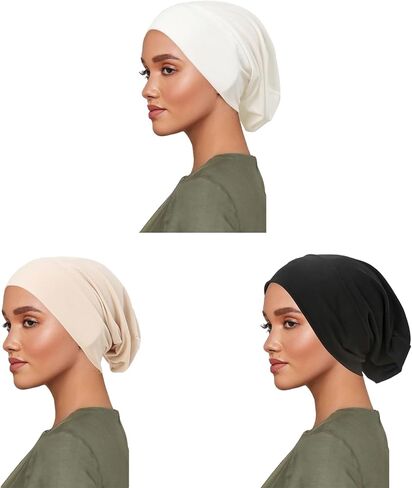 3Pcs Muslim Hijab Undercaps, Breathable Elastic Prayer Caps, Seamless Plain Color Beanie for Women, Ramadan Eid Islamic Clothing Accessories, Black White Beige in Saudi Arabia