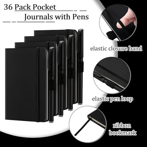 Laumoi 36 Sets Pocket Notebook Journals with Pens A6 Cute Small Journal Notebook Ruled Lined Mini Notepad Hardcover Executive Notebooks Set with Pen Holder for School Office, 3.7 x 5.7 Inch (Black) in Saudi Arabia