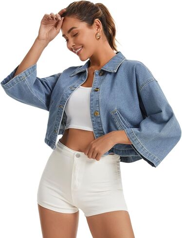 Womens Denim Jackets with 3/4 Sleeve Casual Button Down Jean Shirt, Shacket Loose Coat with Pockets in Kuwait