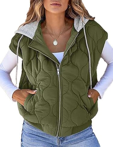 Mywinway سترة منتفخة للنساء لخريف وشتاء بقلنسوة بدون أكمام وسحاب مبطن سترة خفيفة الوزن مع جيوب in Kuwait