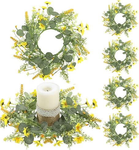6 Pcs Spring Daisy Candle Rings Wreaths for Kitchen Cabinet Artificial Yellow Flower Mini Wreath Pillar Candle Holder for Easter Wedding Party Tabletop Centerpiece Decor in Kuwait