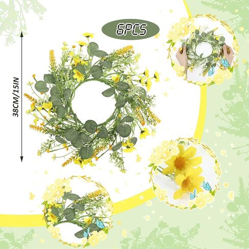 6 Pcs Spring Daisy Candle Rings Wreaths for Kitchen Cabinet Artificial Yellow Flower Mini Wreath Pillar Candle Holder for Easter Wedding Party Tabletop Centerpiece Decor in Kuwait