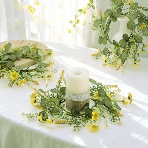 6 Pcs Spring Daisy Candle Rings Wreaths for Kitchen Cabinet Artificial Yellow Flower Mini Wreath Pillar Candle Holder for Easter Wedding Party Tabletop Centerpiece Decor in Kuwait