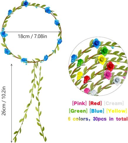 30 قطعة متنوعة من الزهور الملونة على شكل تاج بوهيمي من الزهور عصابات الرأس متعددة الألوان، عصابة رأس إكليل إكليل من الأوراق الخضراء، ديكور للنساء، لوازم حفلات الزفاف وأعياد الميلاد والحفلات الجنية in Kuwait