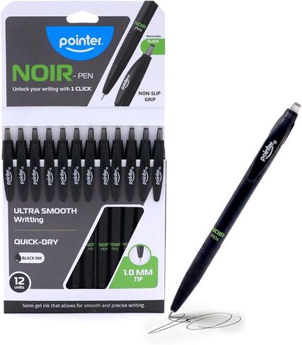 Pointer Noir Retractable Pens - With Fine Precision Tip Semi-Gel Black Ink Smooth Flow and Managable Writing Non-Slip Grip, A Quick-Dry, Comfortable Long-Lasting For Student & Professional - 12-Pack in Saudi Arabia