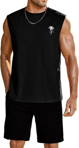 Mens Beach Summer 2 Piece Sets Palm Tree Vacation Tropical Graphic Tank Tops and Waffle Shorts Outfits (S-XXL) in Saudi Arabia