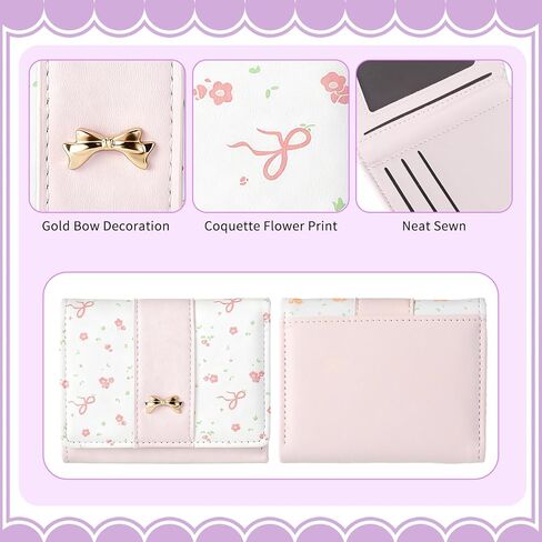Cute Wallets for Women,Floral Coquette Bow Wallet, Mini Tri-Fold Card Holder with 7 Slots, ID Window, and Cash Compartment for Women and Girls, Pink in Saudi Arabia