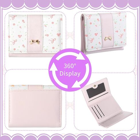 Cute Wallets for Women,Floral Coquette Bow Wallet, Mini Tri-Fold Card Holder with 7 Slots, ID Window, and Cash Compartment for Women and Girls, Pink in Saudi Arabia