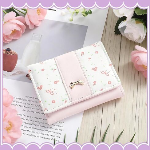Cute Wallets for Women,Floral Coquette Bow Wallet, Mini Tri-Fold Card Holder with 7 Slots, ID Window, and Cash Compartment for Women and Girls, Pink in Saudi Arabia