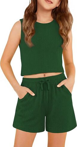 Arshiner Girls 2 Piece Outfits Summer Short Sets Crewneck Sleeveless Knit Tops and Shorts with Pockets Athletic Clothing Set in Saudi Arabia