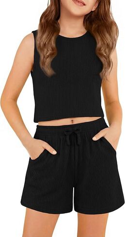 Arshiner Girls 2 Piece Outfits Summer Short Sets Crewneck Sleeveless Knit Tops and Shorts with Pockets Athletic Clothing Set in Saudi Arabia