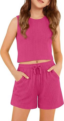 Arshiner Girls 2 Piece Outfits Summer Short Sets Crewneck Sleeveless Knit Tops and Shorts with Pockets Athletic Clothing Set in Saudi Arabia