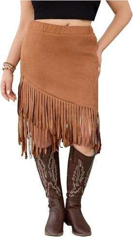MakeMeChic Women's Plus Size Midi Skirt Fringe Trim Elastic High Waist Bodycon Short Skirts in Kuwait