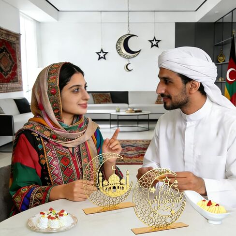 2 Pieces Eid Decorations for Home, Wood Ramadan Decorations Islamic Eid Mubarak Kareem Table Sign, Gold Moon Hollow Ramadan Decor for Eid Gifts Muslim Party Tabletop Decor Home Craft Decoration in Kuwait